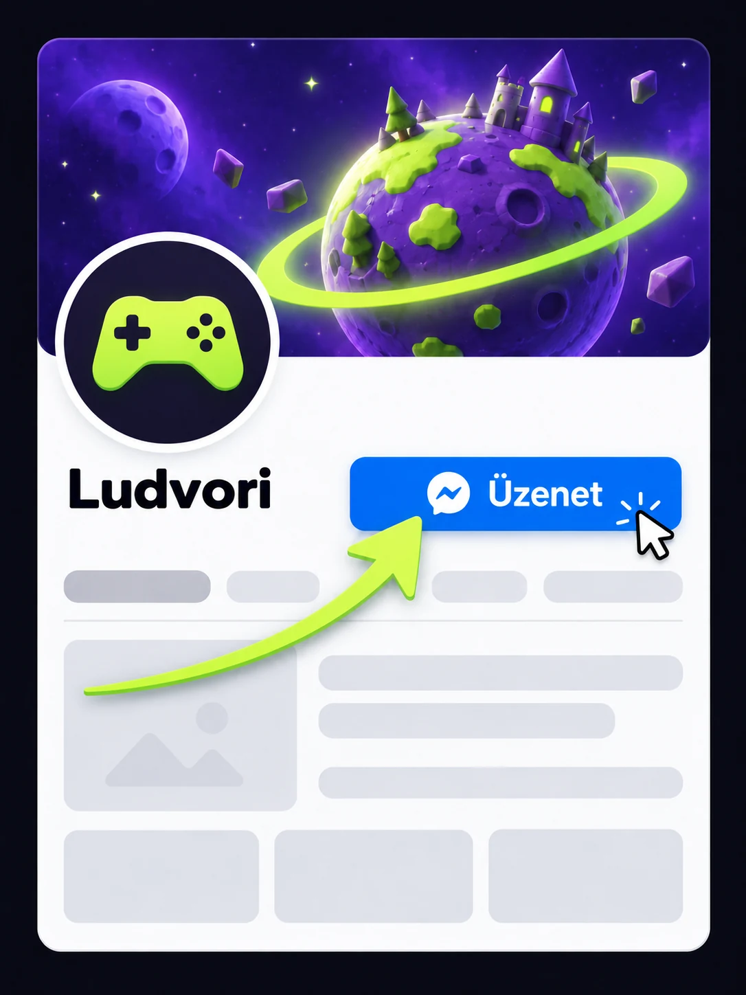 Ludvori Facebook-profil: a zöld nyíl a kék Üzenet gombra mutat.